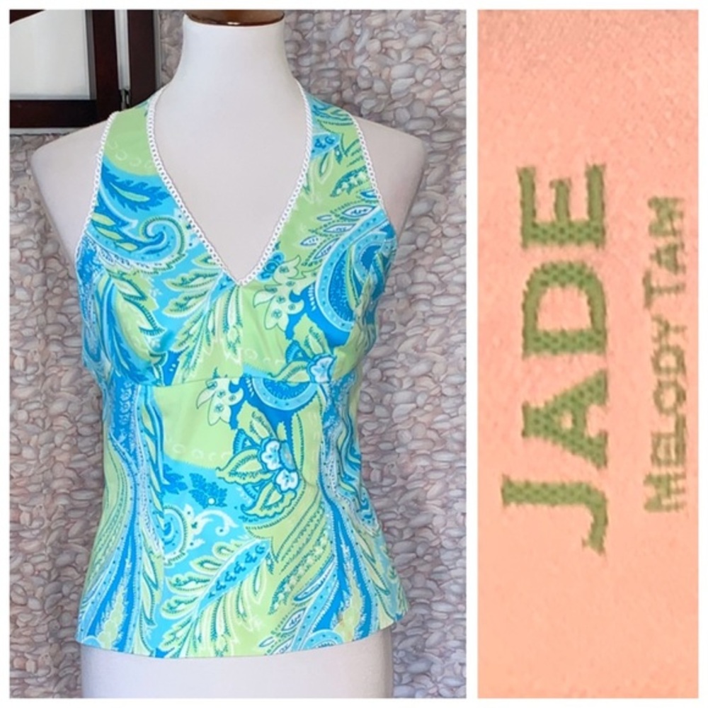 Jade green and blue paisley halter top.